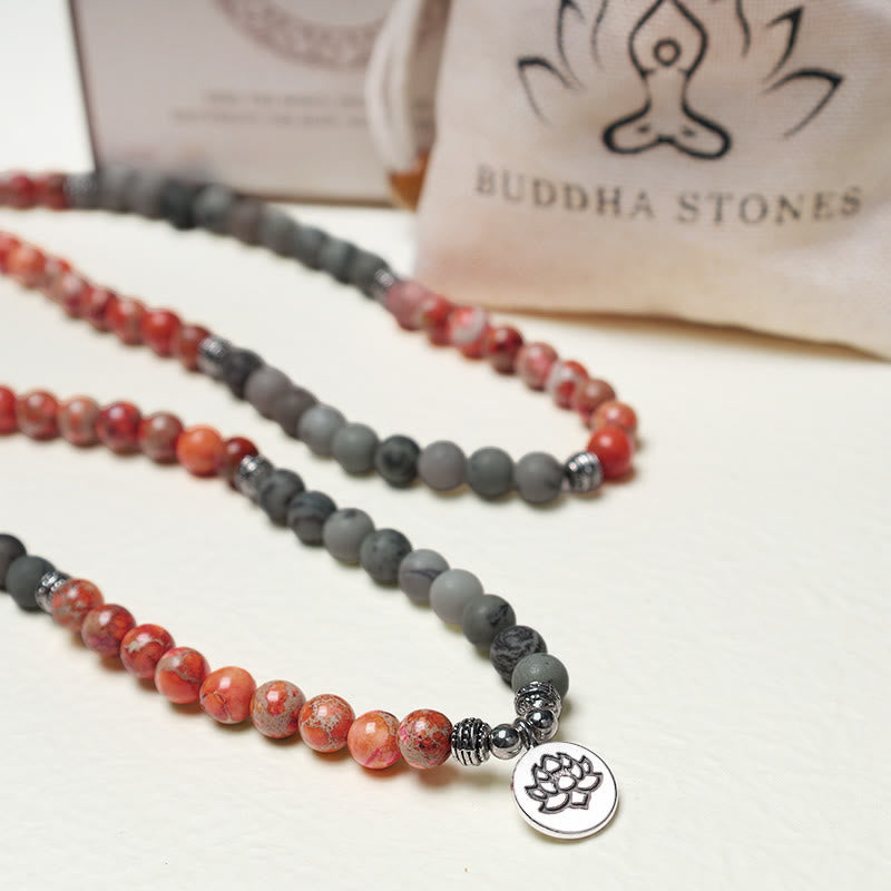 Buddha Stones 108 Mala kralen van natuursteen, zeesediment jaspis, lotus Armband - image 5
