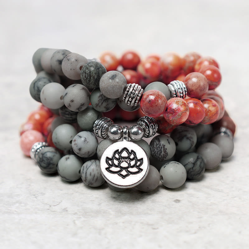 Buddha Stones 108 Mala kralen van natuursteen, zeesediment jaspis, lotus Armband - image 2