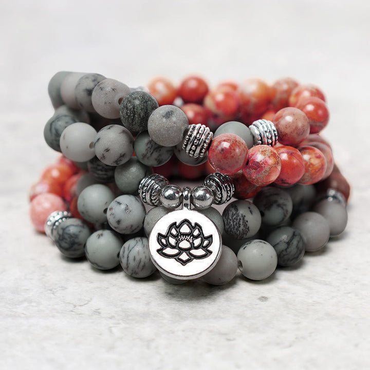 Buddha Stones 108 Mala kralen van natuursteen, zeesediment jaspis, lotus Armband - image 2