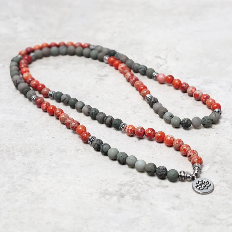 Buddha Stones 108 Mala kralen van natuursteen, zeesediment jaspis, lotus Armband - image 3