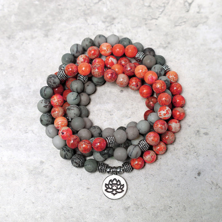 Buddha Stones 108 Mala kralen van natuursteen, zeesediment jaspis, lotus Armband - image 1