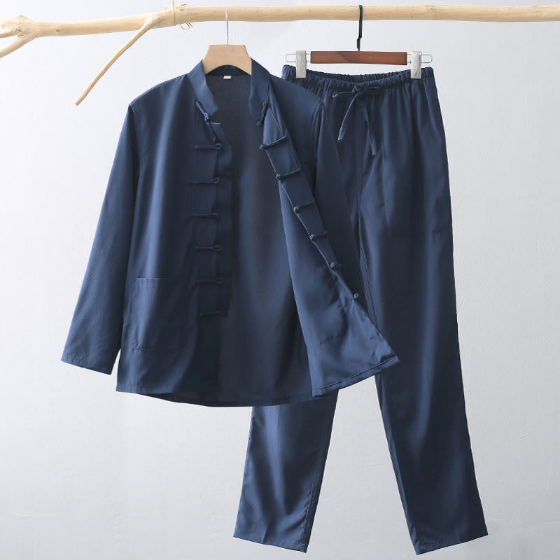 Buddha Stones 2-delige Tang Suit traditionele herenset met Lange mouw , overhemd en broek met kikkerknopen - Staalblauw - US/UK/AU44, EU54 (4XL) - image 0