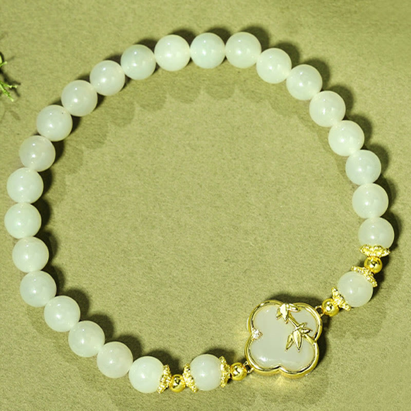 Buddha Stones Hetian Jade 925 Sterling Zilveren Armband met Klavertje Vier en Bamboe - image 1