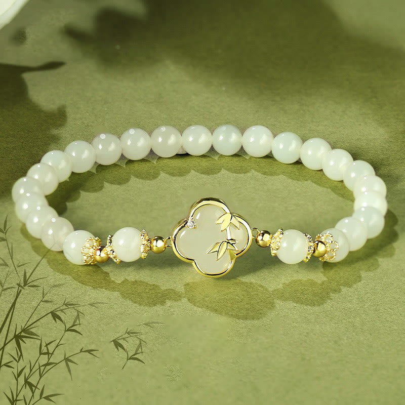 Buddha Stones Hetian Jade 925 Sterling Zilveren Armband met Klavertje Vier en Bamboe - Hetian jade 925 sterling zilver (Polsomtrek: 14-16 cm) - image 0