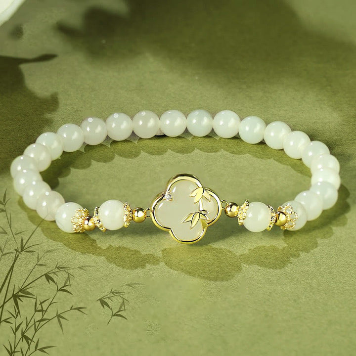 Buddha Stones Hetian Jade 925 Sterling Zilveren Armband met Klavertje Vier en Bamboe - Hetian jade 925 sterling zilver (Polsomtrek: 14-16 cm) - image 0