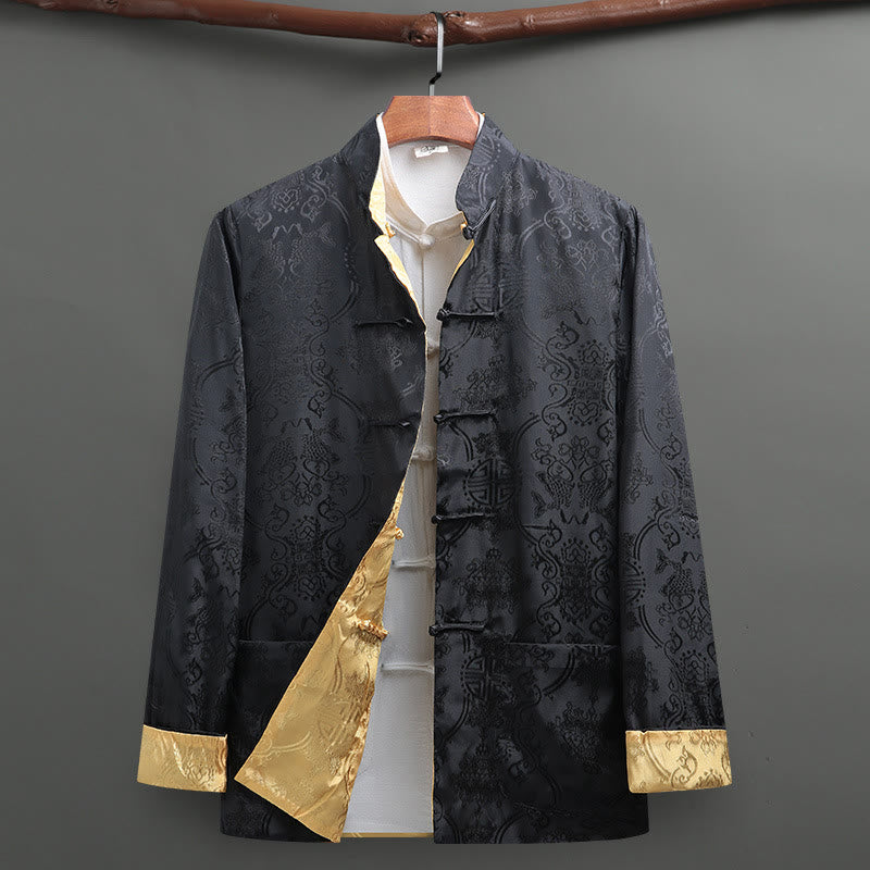 Buddha Stones Herenoverhemd met Lange mouw, met Zakken en koi-vispatroon. - Zwart+Geel - US/UK/AU42, EU52 (3XL) - image 0