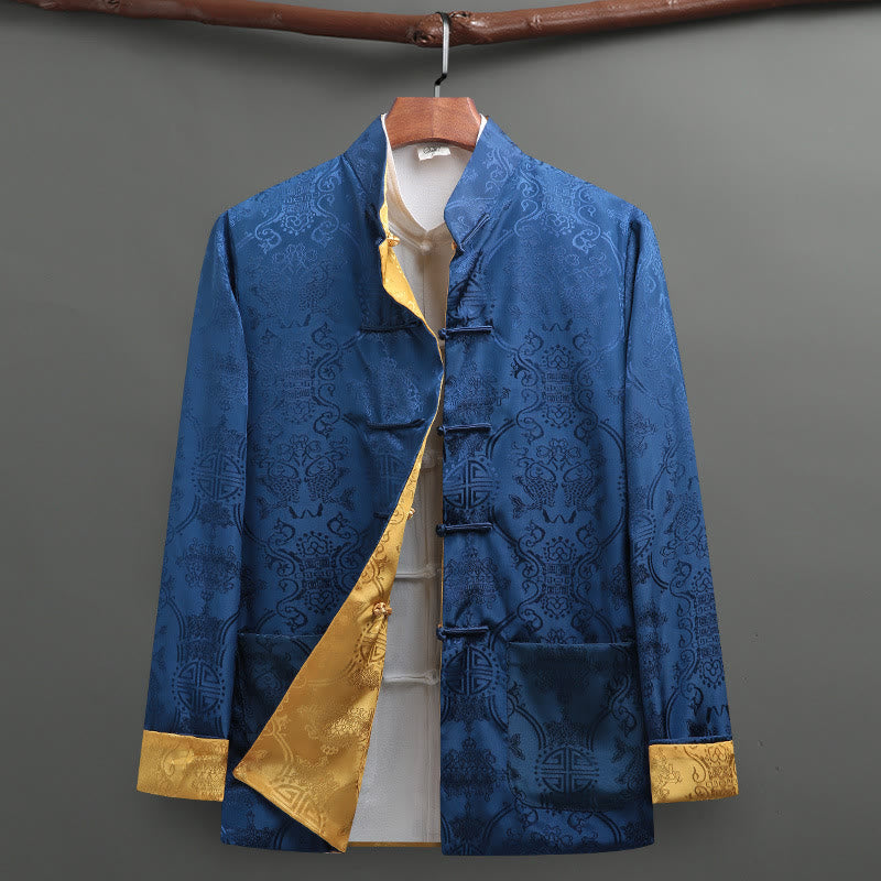 Buddha Stones Herenoverhemd met Lange mouw, met Zakken en koi-vispatroon. - Blauw+Geel - US/UK/AU42, EU52 (3XL) - image 1
