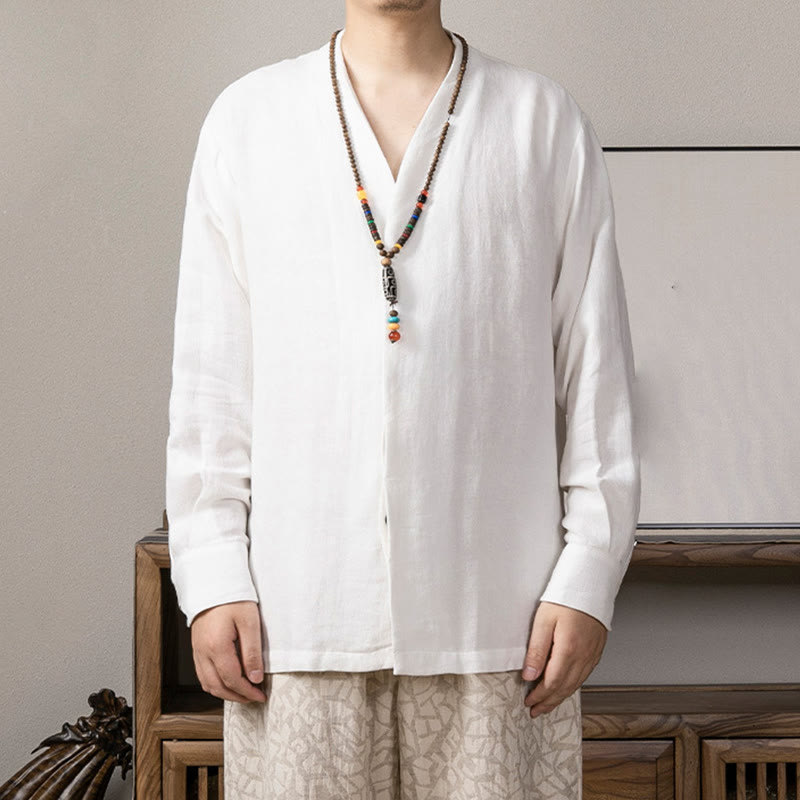 Buddha Stones Herenoverhemd met V-hals en Lange mouw van linnen, Zen Clothing - Wit - US/UK/AU44, EU54 (4XL) - image 0