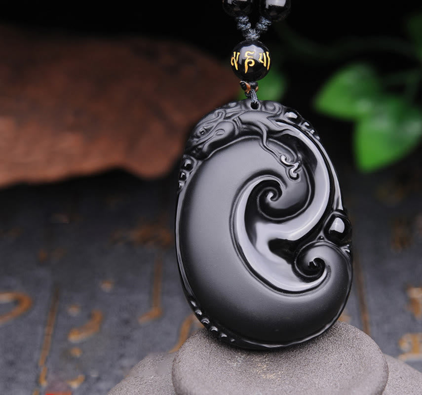 Buddha Stones Natuurlijke zwarte obsidiaan PiXiu ovale patroon kracht Ketting - Zwarte Obsidiaan (Zuivering♥Transformatie) - image 0