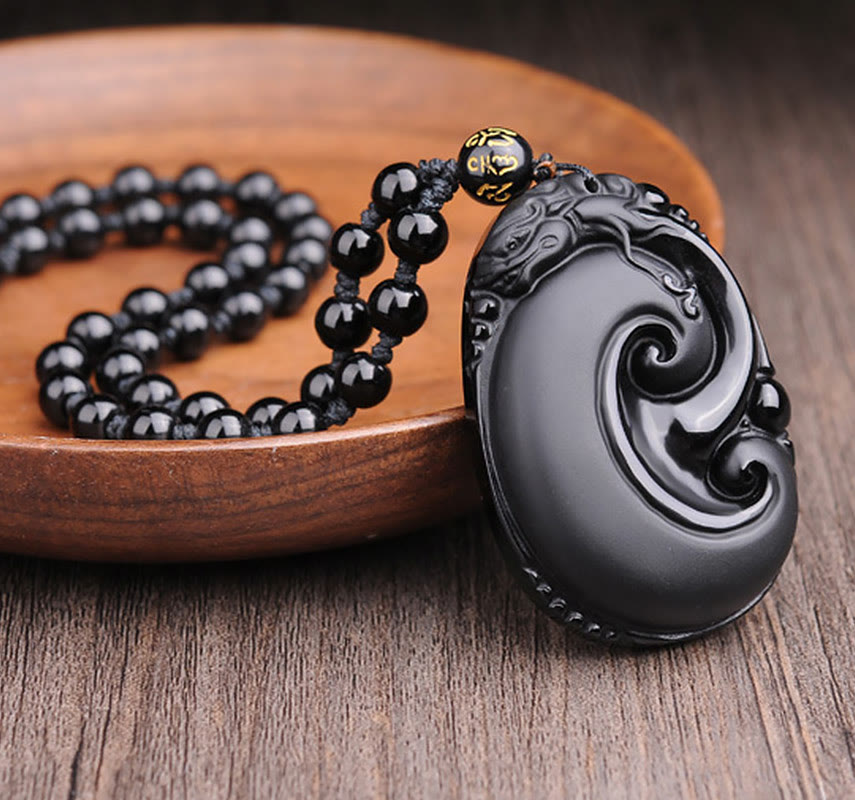 Buddha Stones Natuurlijke zwarte obsidiaan PiXiu ovale patroon kracht Ketting - image 1