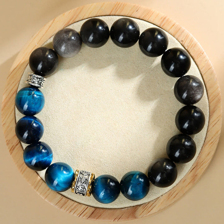Buddha Stones Blauwe tijgeroog obsidiaan Armband met zilverkleurige glans - image 3