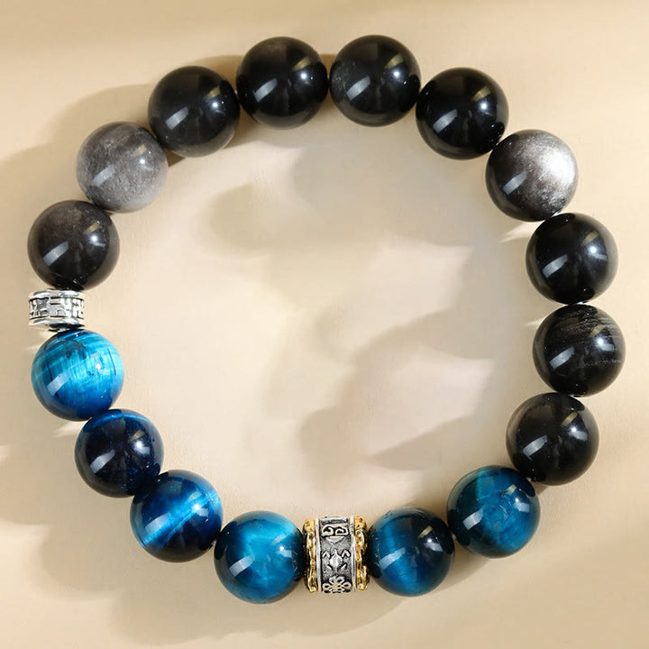 Buddha Stones Blauwe tijgeroog obsidiaan Armband met zilverkleurige glans - Blauwe tijgeroog obsidiaan met zilverglans (Polsomtrek: 14-16 cm) - image 0