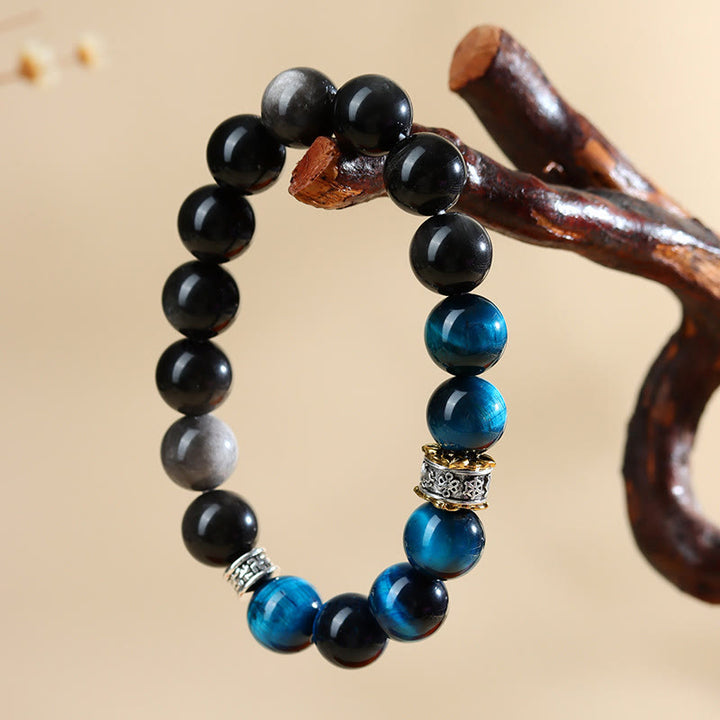 Buddha Stones Blauwe tijgeroog obsidiaan Armband met zilverkleurige glans - image 4