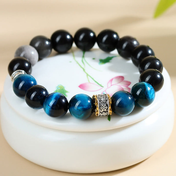 Buddha Stones Blauwe tijgeroog obsidiaan Armband met zilverkleurige glans - image 2