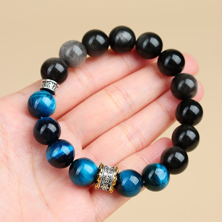 Buddha Stones Blauwe tijgeroog obsidiaan Armband met zilverkleurige glans - image 7