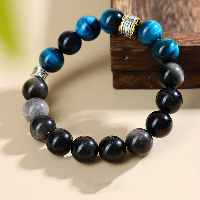 Buddha Stones Blauwe tijgeroog obsidiaan Armband met zilverkleurige glans - image 1