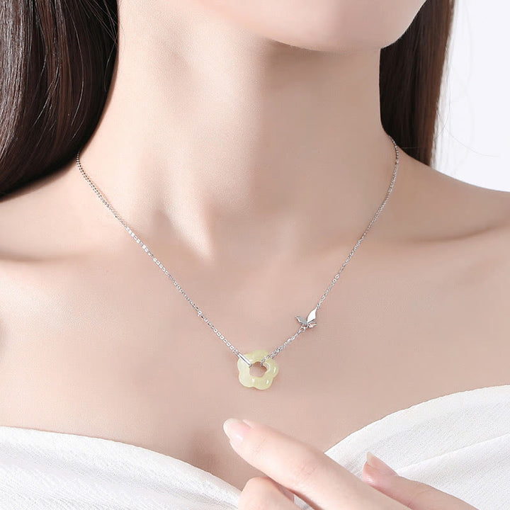 Buddha Stones 925 Sterling Zilveren Vlinder Hetian Jade Bloem Ketting Hanger - image 8