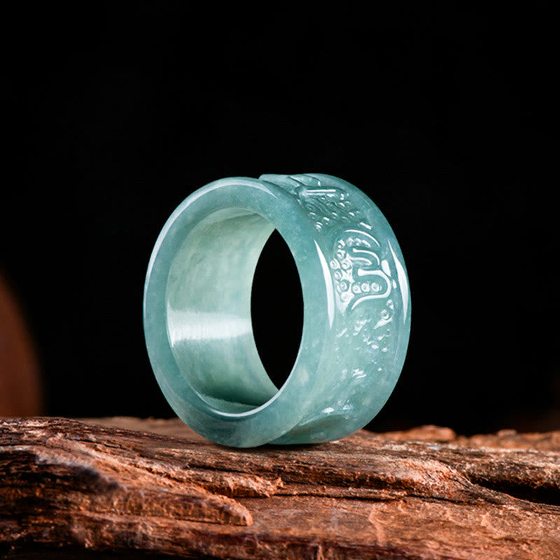 Buddha Stones Natuurlijke jade Ring met gegraveerd Om Mani Padme Hum symbool voor voorspoed. - image 1