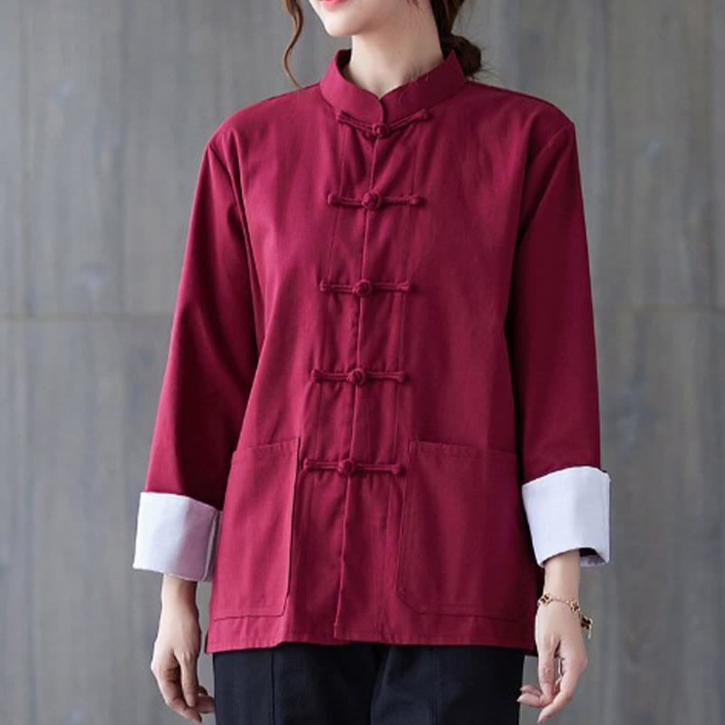 Buddha Stones Damesblouse met Lange mouw en kikkerknopen, geschikt voor meditatie - Bordeauxrood overhemd - US8-10，UK/AU12-14，EU40-42 (2XL) - image 7