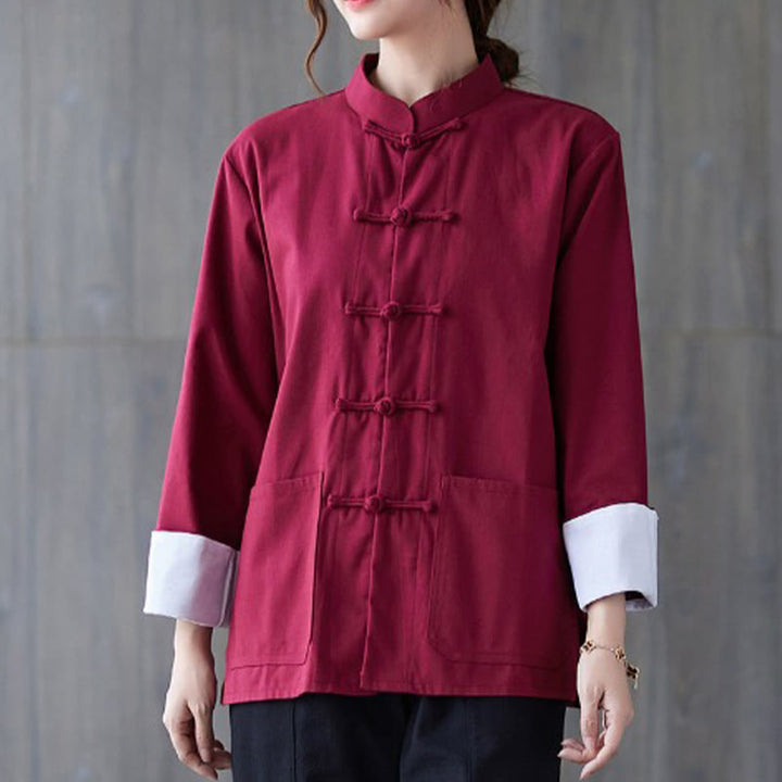 Buddha Stones Damesblouse met Lange mouw en kikkerknopen, geschikt voor meditatie - Bordeauxrood overhemd - US8-10，UK/AU12-14，EU40-42 (2XL) - image 7