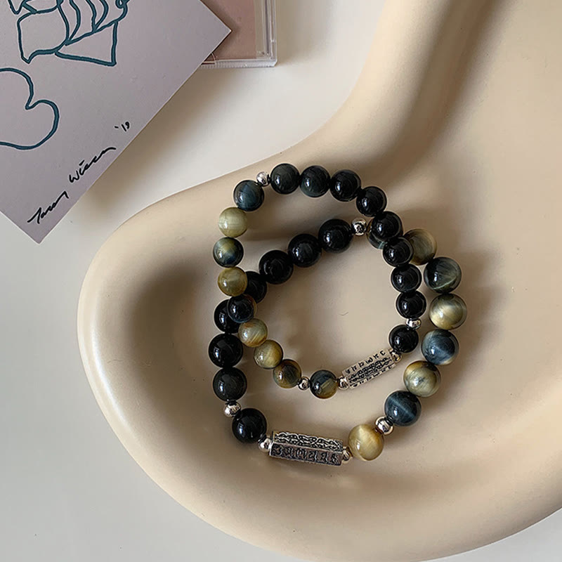Buddha Stones Armband van natuurlijke zwarte obsidiaan, tijgeroog en de zes ware woorden 'om Mani Padme Hum' voor kracht en liefde . - image 1