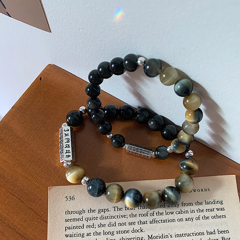 Buddha Stones Armband van natuurlijke zwarte obsidiaan, tijgeroog en de zes ware woorden 'om Mani Padme Hum' voor kracht en liefde . - image 0