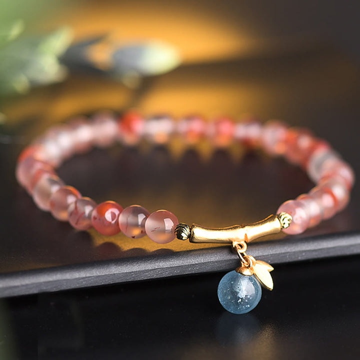 Buddha Stones Zuidrode agaat, aquamarijn, parel, Hetian jade, bamboebloem, Armband - image 0