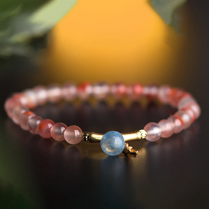 Buddha Stones Zuidrode agaat, aquamarijn, parel, Hetian jade, bamboebloem, Armband - image 1