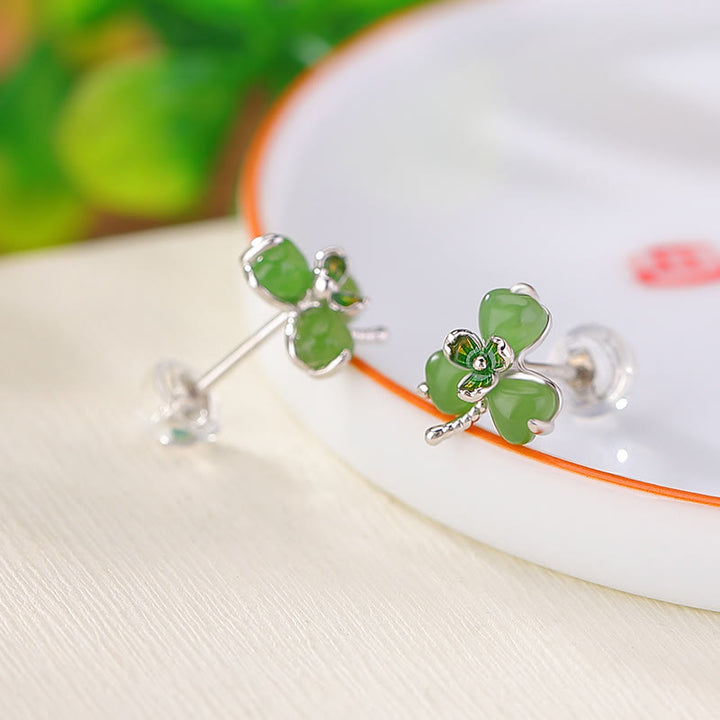 Buddha Stones Oorbellen met klavertje vier van 925 sterling zilver en emaille van Hetian jade, symbool voor geluk . - image 2