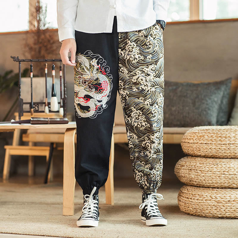 Buddha Stones Tweekleurige herenbroek met drakenprint en Zakken - Zwart - US/UK/AU46, EU56 (5XL) - image 0