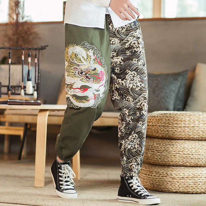 Buddha Stones Tweekleurige herenbroek met drakenprint en Zakken - Olijfgroen - US/UK/AU46, EU56 (5XL) - image 11