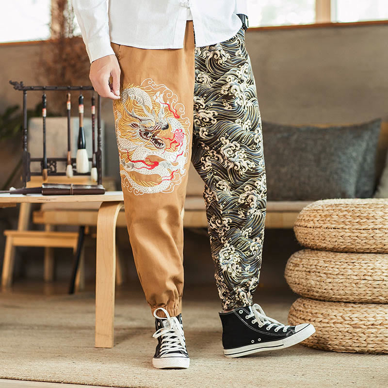 Buddha Stones Tweekleurige herenbroek met drakenprint en Zakken - Khaki - US/UK/AU46, EU56 (5XL) - image 6