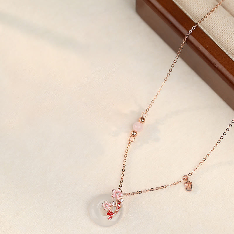 Buddha Stones Chalcedoon roze kristal 925 sterling zilveren bloemen koi vis vredesgesp positieve Ketting - image 1