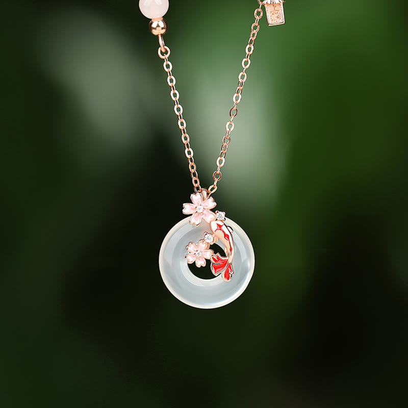 Buddha Stones Chalcedoon roze kristal 925 sterling zilveren bloemen koi vis vredesgesp positieve Ketting - Chalcedoon 925 Sterling Zilver - image 0