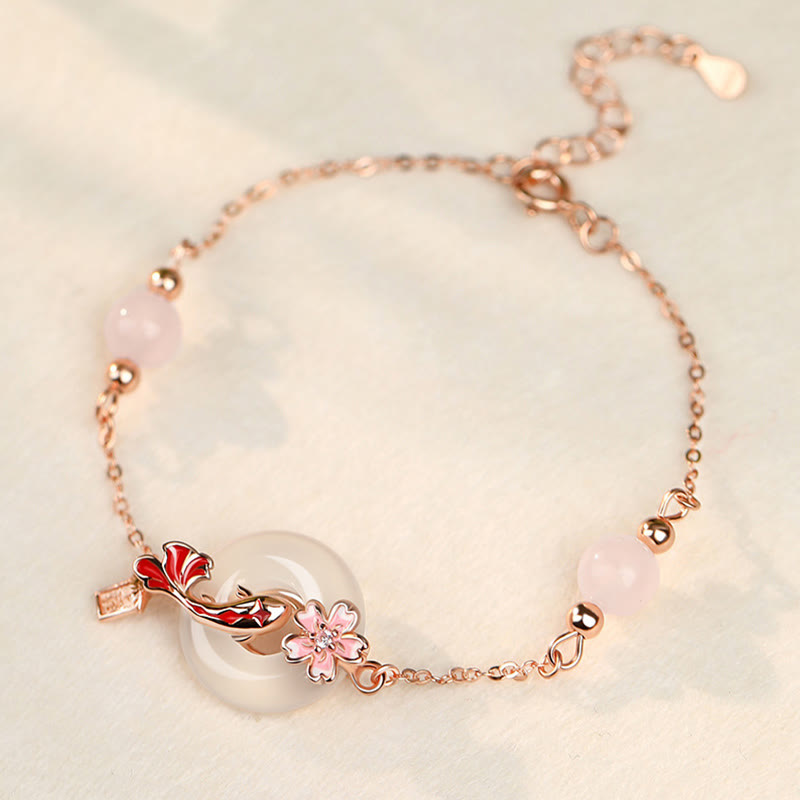 Buddha Stones Roze chalcedoonkristal, 925 sterling zilveren bloemen, koivissen, vredesgesp, positieve Armband - Chalcedoon 925 Sterling Zilver (Polsomtrek: 14-18 cm) - image 0