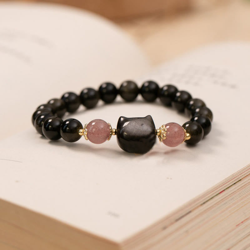 Buddha Stones Zwarte obsidiaan aardbeienkwarts kralen zilverglans obsidiaan kattenkop Armband - image 1