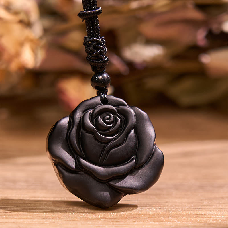 Buddha Stones Kettinghanger met hanger van zwarte obsidiaan, zwarte roos en Ketting voor zuivering. - image 1