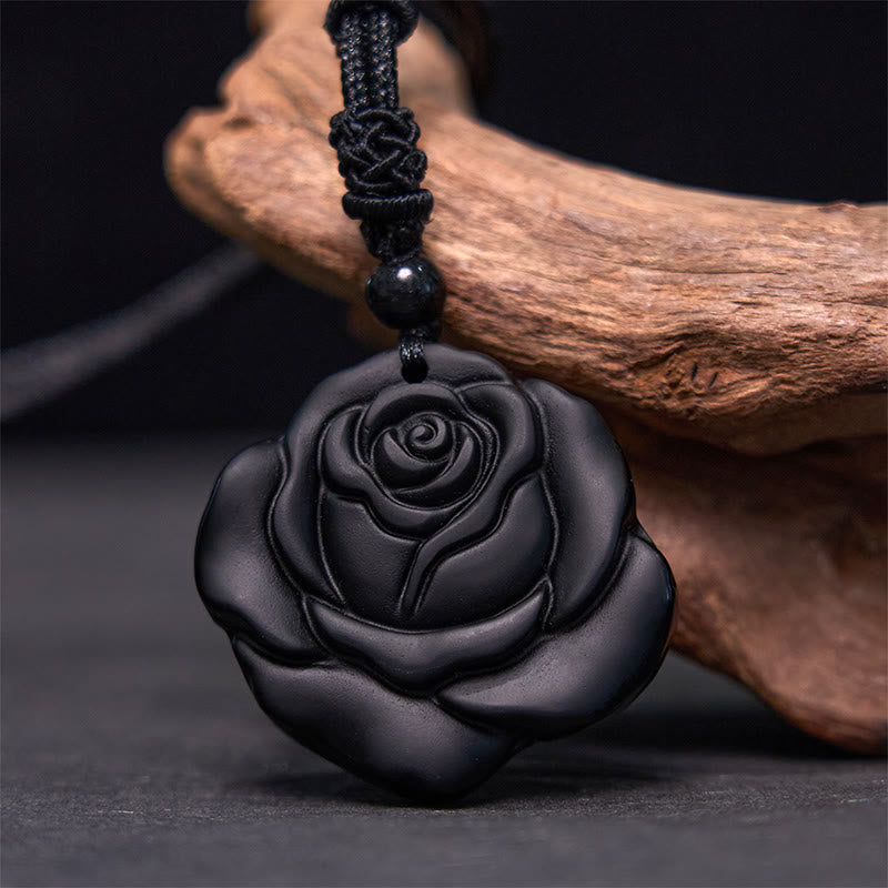 Buddha Stones Kettinghanger met hanger van zwarte obsidiaan, zwarte roos en Ketting voor zuivering. - Zwarte Obsidiaan Zwarte Roos - image 0