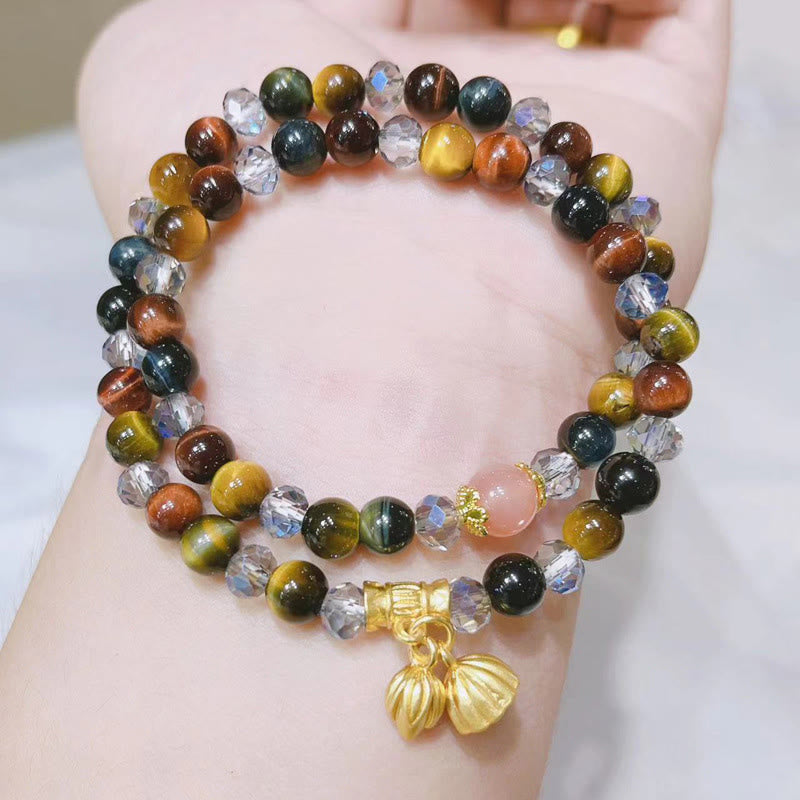 Buddha Stones Kleurrijke tijgeroog lotus elastische Armband met meerdere cirkels - image 3