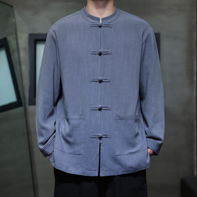 Buddha Stones Casual effen linnen herenjas met kikkerknopen en Zakken. - Koningsblauw - US/UK/AU46, EU56 (5XL) - image 0