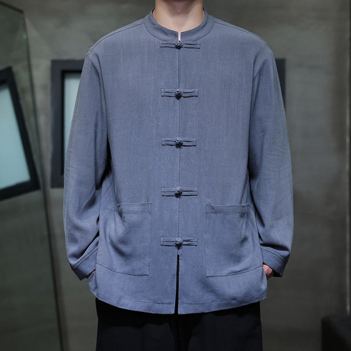 Buddha Stones Casual effen linnen herenjas met kikkerknopen en Zakken. - Koningsblauw - US/UK/AU46, EU56 (5XL) - image 0