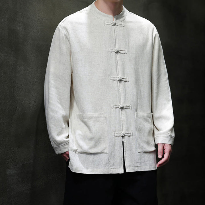 Buddha Stones Casual effen linnen herenjas met kikkerknopen en Zakken. - image 17