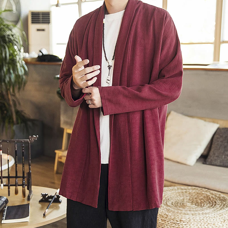 Buddha Stones Eenvoudige, casual herenjas van katoen en linnen voor de herfst, middellang model. - Donkerrood - US/UK/AU42, EU52 (3XL) - image 0