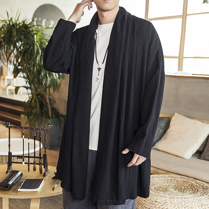 Buddha Stones Herfst: eenvoudige, casual, losse, effen herenjas van linnenmix, middellang model. - Zwart - US/UK/AU42, EU52 (3XL) - image 9