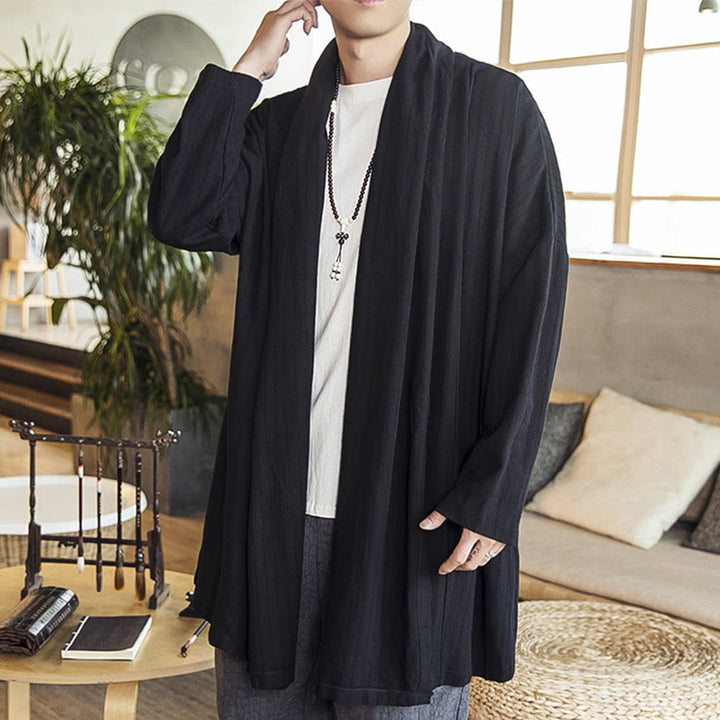 Buddha Stones Herfst: eenvoudige, casual, losse, effen herenjas van linnenmix, middellang model. - Zwart - US/UK/AU42, EU52 (3XL) - image 9