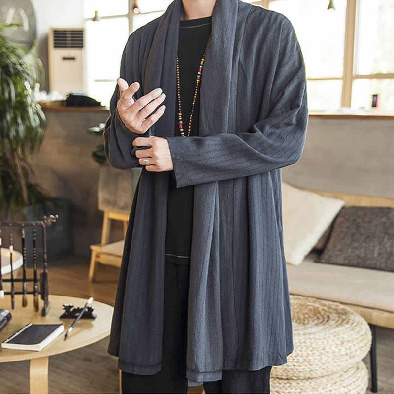 Buddha Stones Herfst: eenvoudige, casual, losse, effen herenjas van linnenmix, middellang model. - image 1
