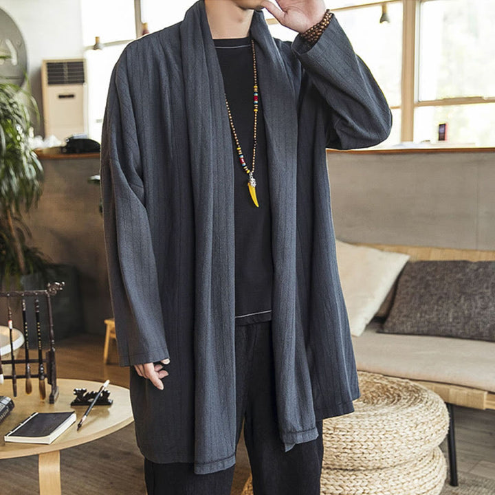 Buddha Stones Herfst: eenvoudige, casual, losse, effen herenjas van linnenmix, middellang model. - image 3