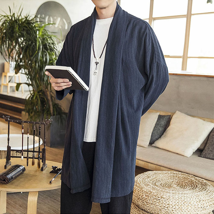 Buddha Stones Herfst: eenvoudige, casual, losse, effen herenjas van linnenmix, middellang model. - image 16