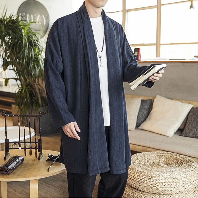 Buddha Stones Herfst: eenvoudige, casual, losse, effen herenjas van linnenmix, middellang model. - image 18