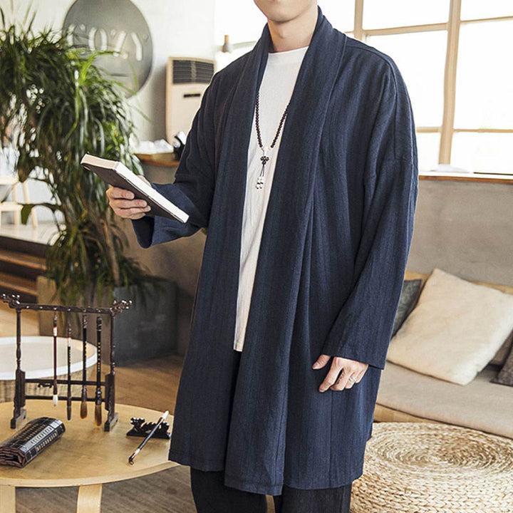 Buddha Stones Herfst: eenvoudige, casual, losse, effen herenjas van linnenmix, middellang model. - image 17